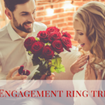 Image of man proposing to a beautiful young blond woman. The man is holding a bouquet of red roses and a diamond engagement ring.